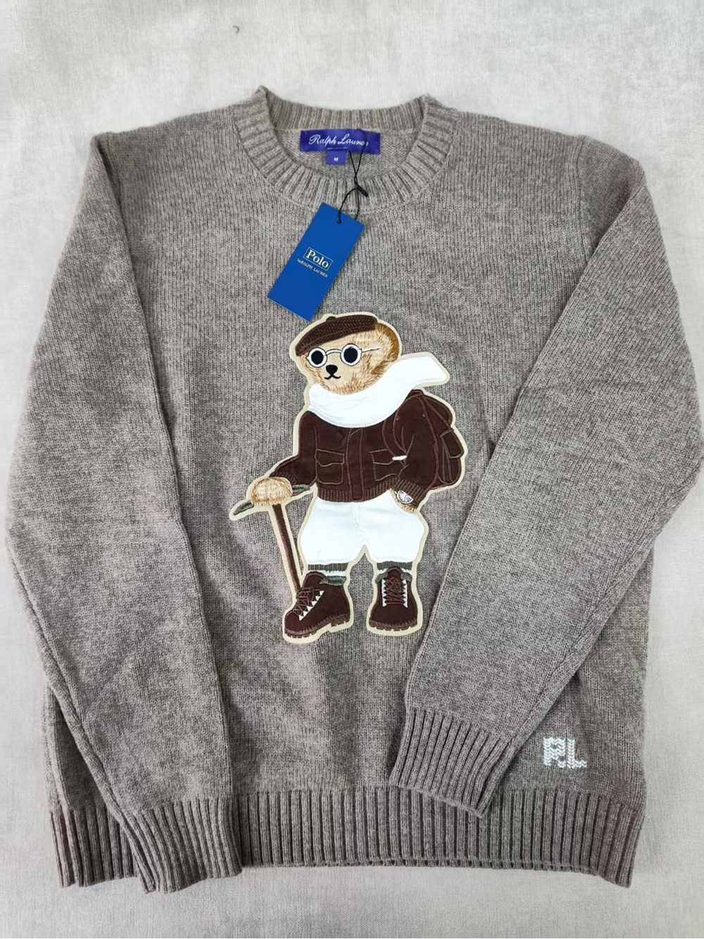 Polo by Ralph Lauren Taupe Crewneck Sweater with Bear Applique